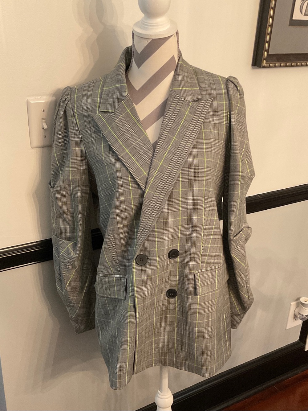 Bar III Gray Plaid Double-Breasted Blazer with Yellow Windowpane